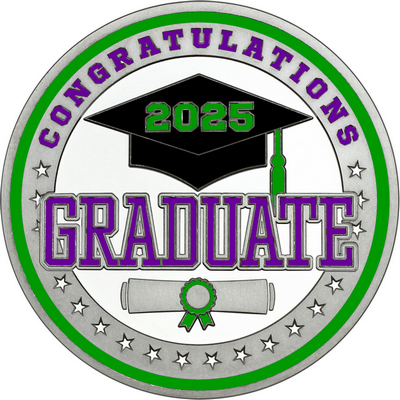 Purple "Congratulations Graduate" with Green 2025, Rim, Tassel & Ribbon